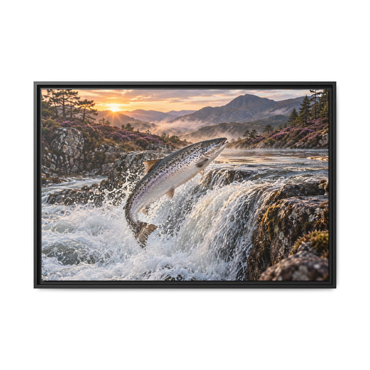 Mountain Falls Leap Salmon framed canvas wall art
