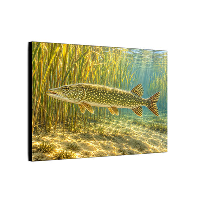 Sunlit Reed Edge Northern Pike canvas side angle