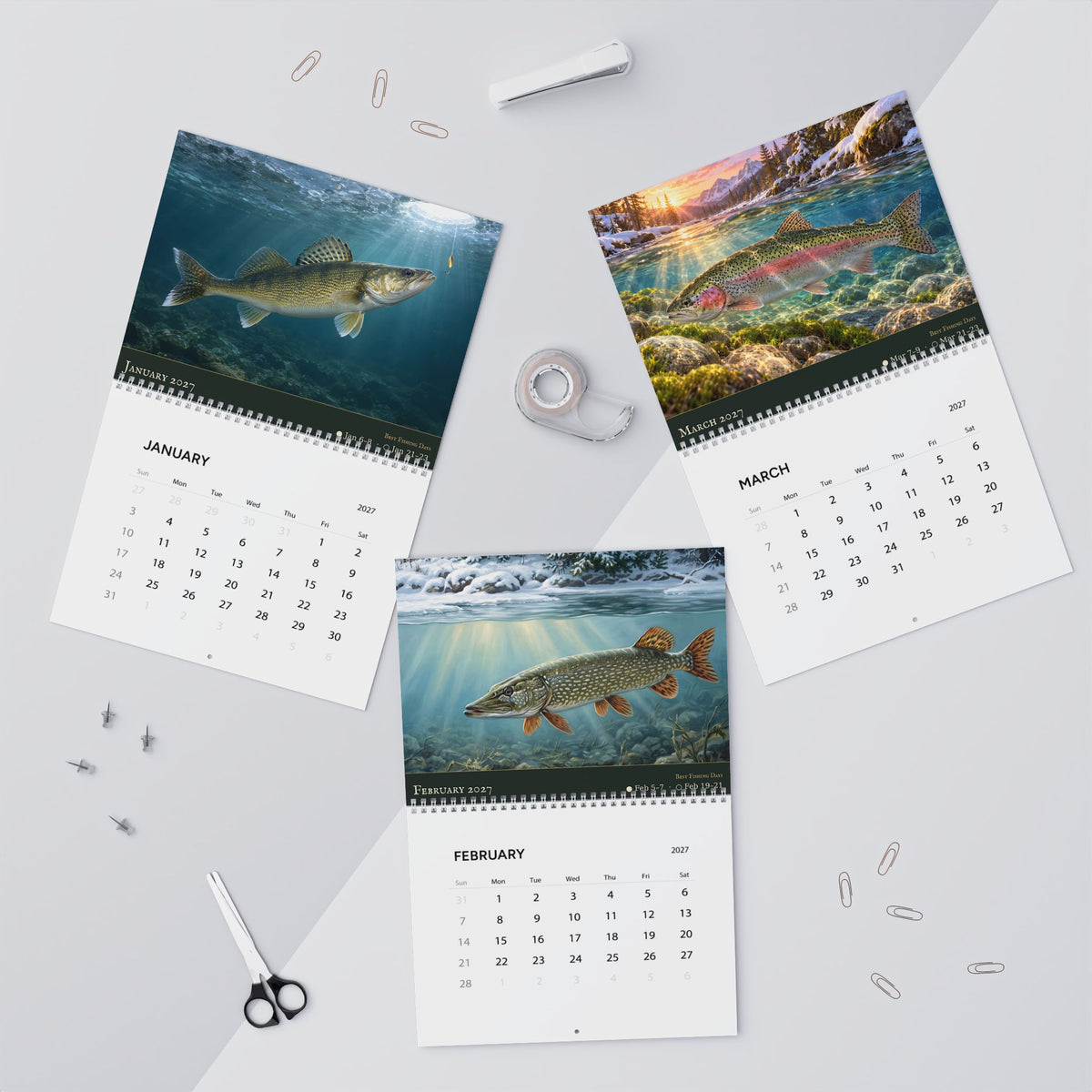 2027 FreshWater Legends Wall Calendar — Trophy Fish Art with Best Fishing Days
