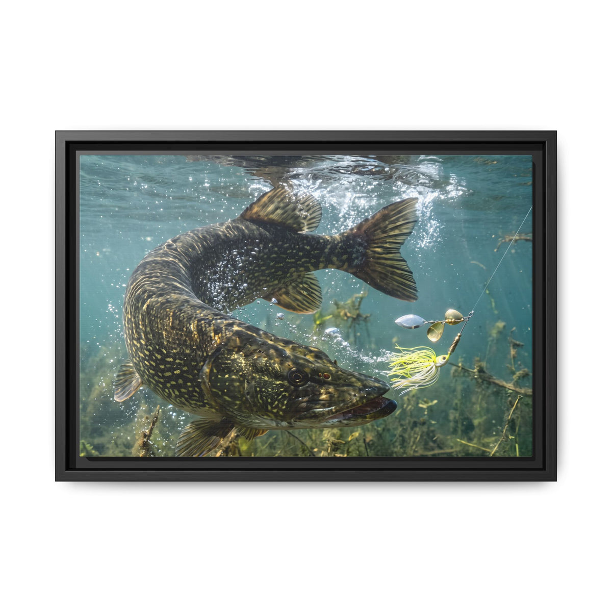 Northern Pike Turning Strike Framed Canvas — Ready-to-Hang Wall Art for Anglers