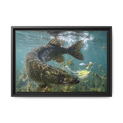 Northern Pike Turning Strike Framed Canvas — Ready-to-Hang Wall Art for Anglers