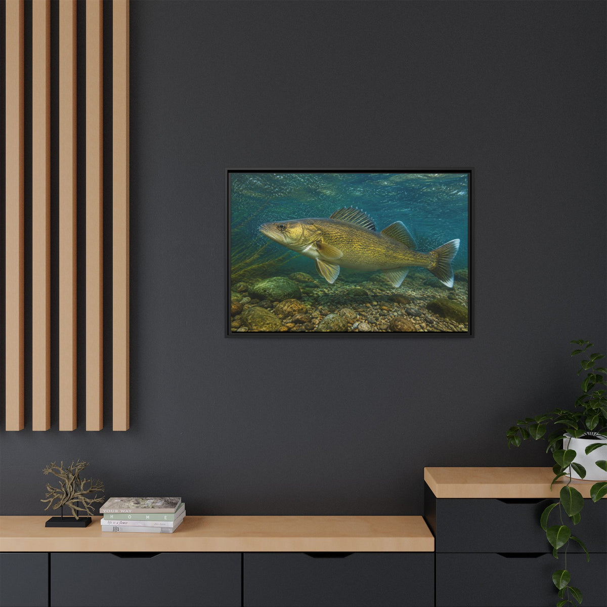 Current Seam Walleye framed canvas in a home office