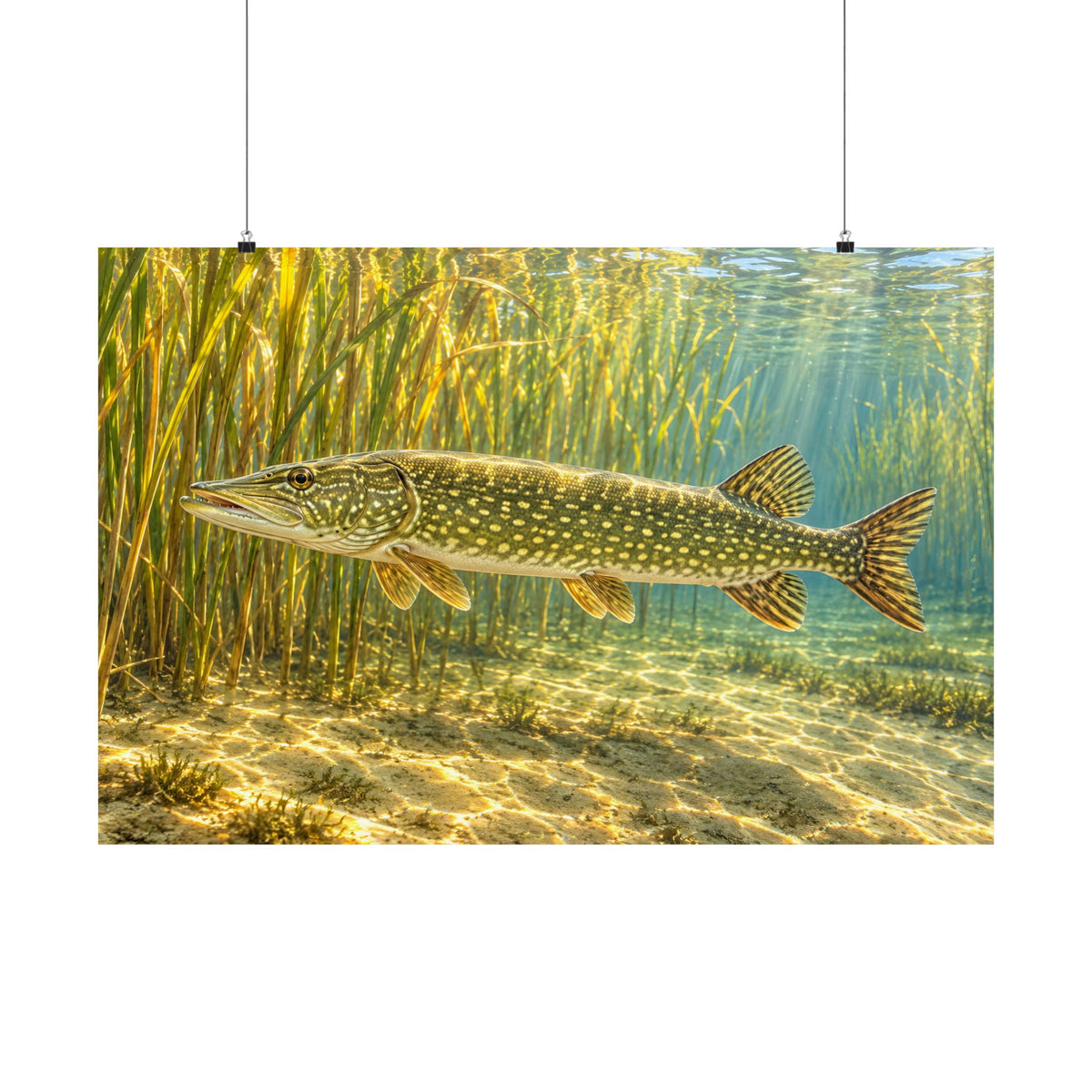 Sunlit Reed Edge Northern Pike poster wall art, 36x24 size view