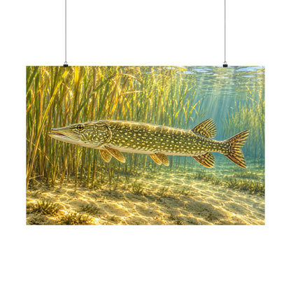 Sunlit Reed Edge Northern Pike poster wall art, 36x24 size view
