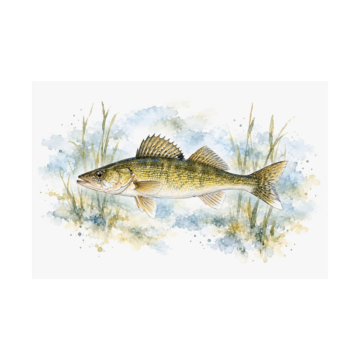 Watercolor Reeds Walleye fishing poster close-up
