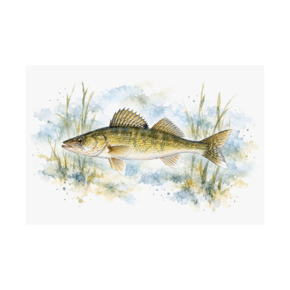 Watercolor Reeds Walleye fishing poster close-up