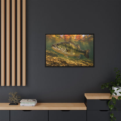 Golden Autumn Reflection Largemouth Bass framed canvas in a home office