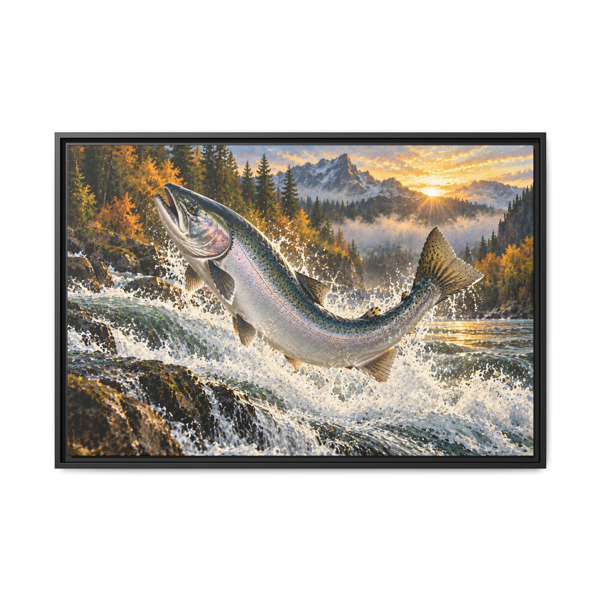 Sunrise Leap Coho Salmon framed canvas, 36x24 size view