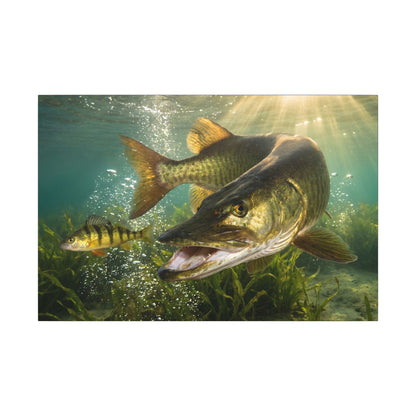 Yellow Perch Chase Muskie canvas, 36x24 size view