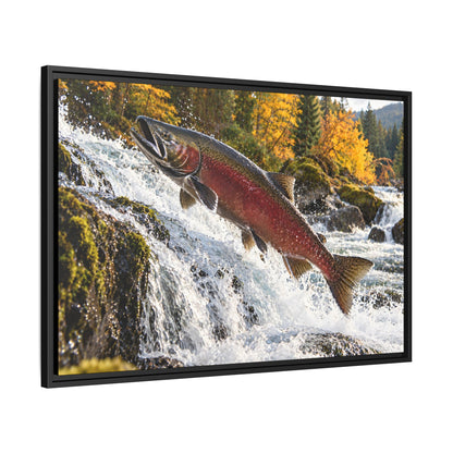 Autumn Run Leap Coho Salmon framed canvas, side angle