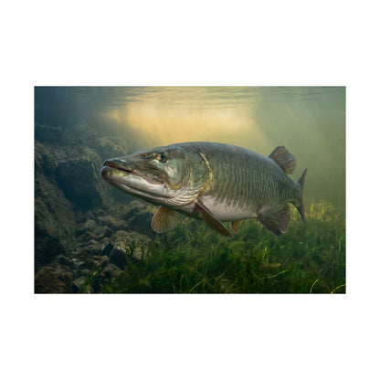 Golden Weed Line Hover Muskie Poster — Trophy Underwater Wall Art for Anglers