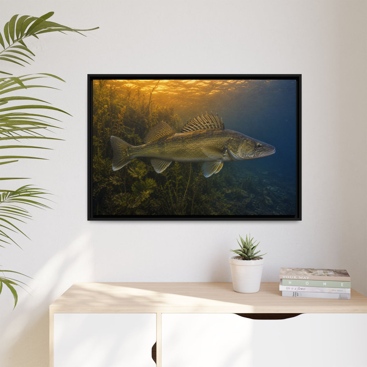 Dusk Weed Edge Walleye framed canvas hanging in a living room