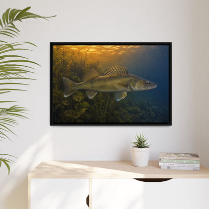 Dusk Weed Edge Walleye framed canvas hanging in a living room