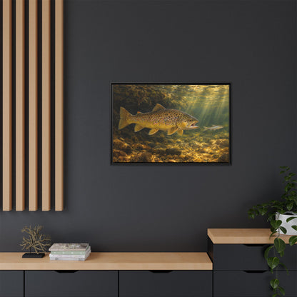 Streamer Chase Brown Trout framed canvas in a home office