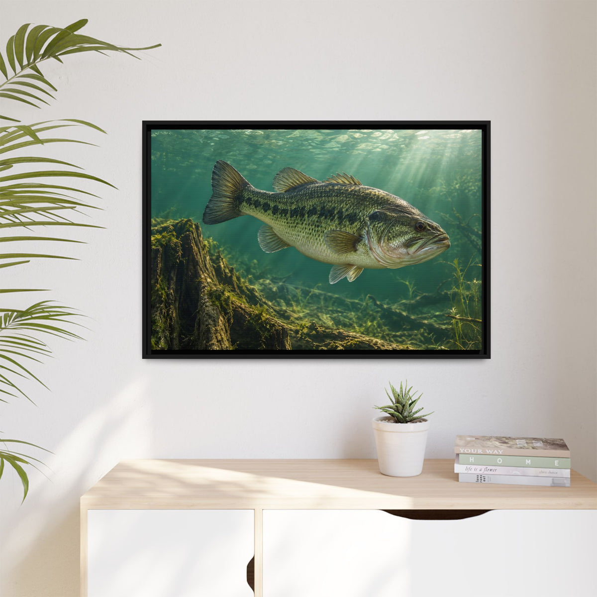 Jade Morning Mist Largemouth Bass framed canvas hanging in a living room