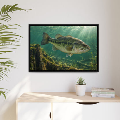 Jade Morning Mist Largemouth Bass framed canvas hanging in a living room