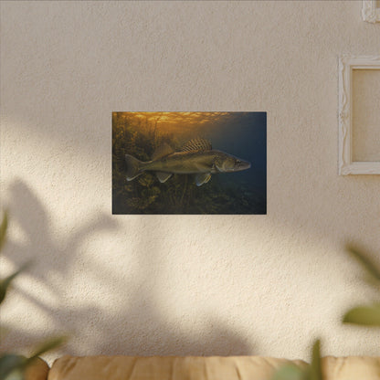 Dusk Weed Edge Walleye canvas hanging in a living room