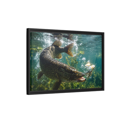 Northern Pike Spinnerbait Strike Framed Canvas — Ready-to-Hang Wall Art for Anglers