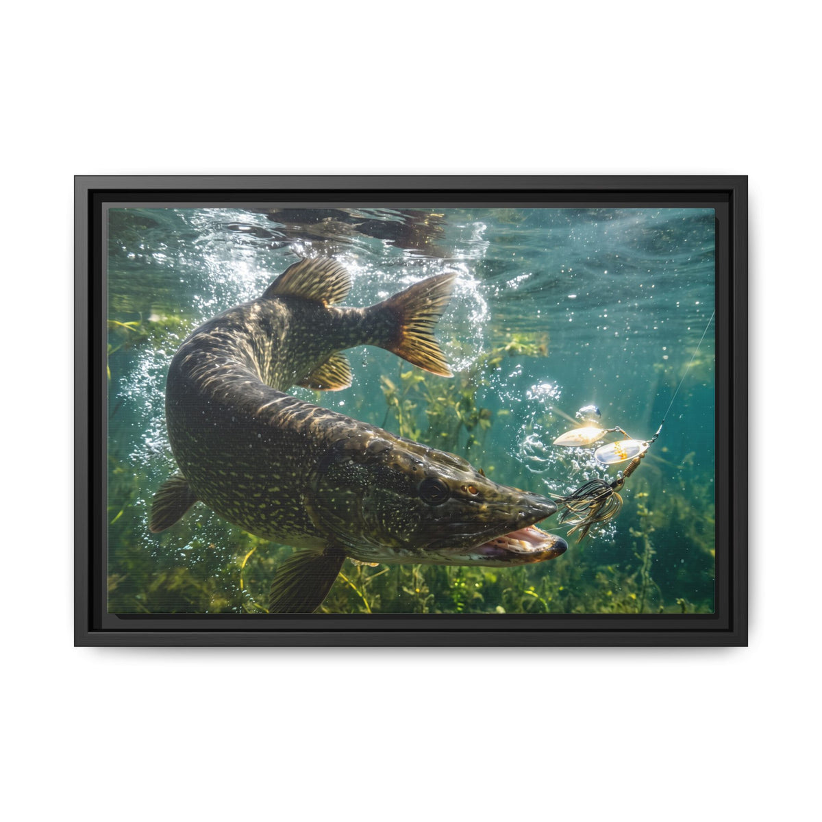 Northern Pike Spinnerbait Strike Framed Canvas — Ready-to-Hang Wall Art for Anglers