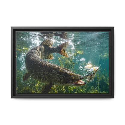 Northern Pike Spinnerbait Strike Framed Canvas — Ready-to-Hang Wall Art for Anglers