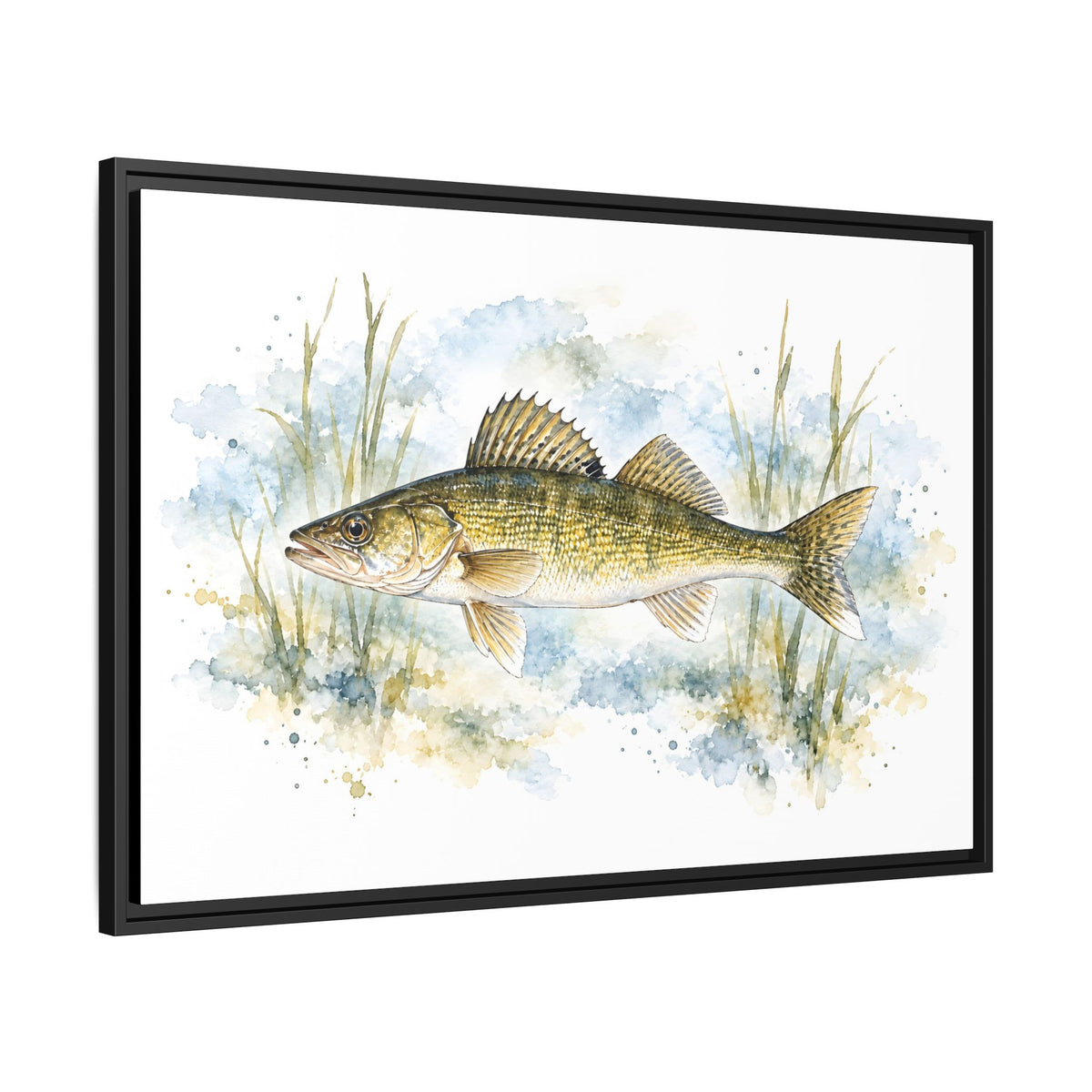 Watercolor Reeds Walleye framed canvas side angle