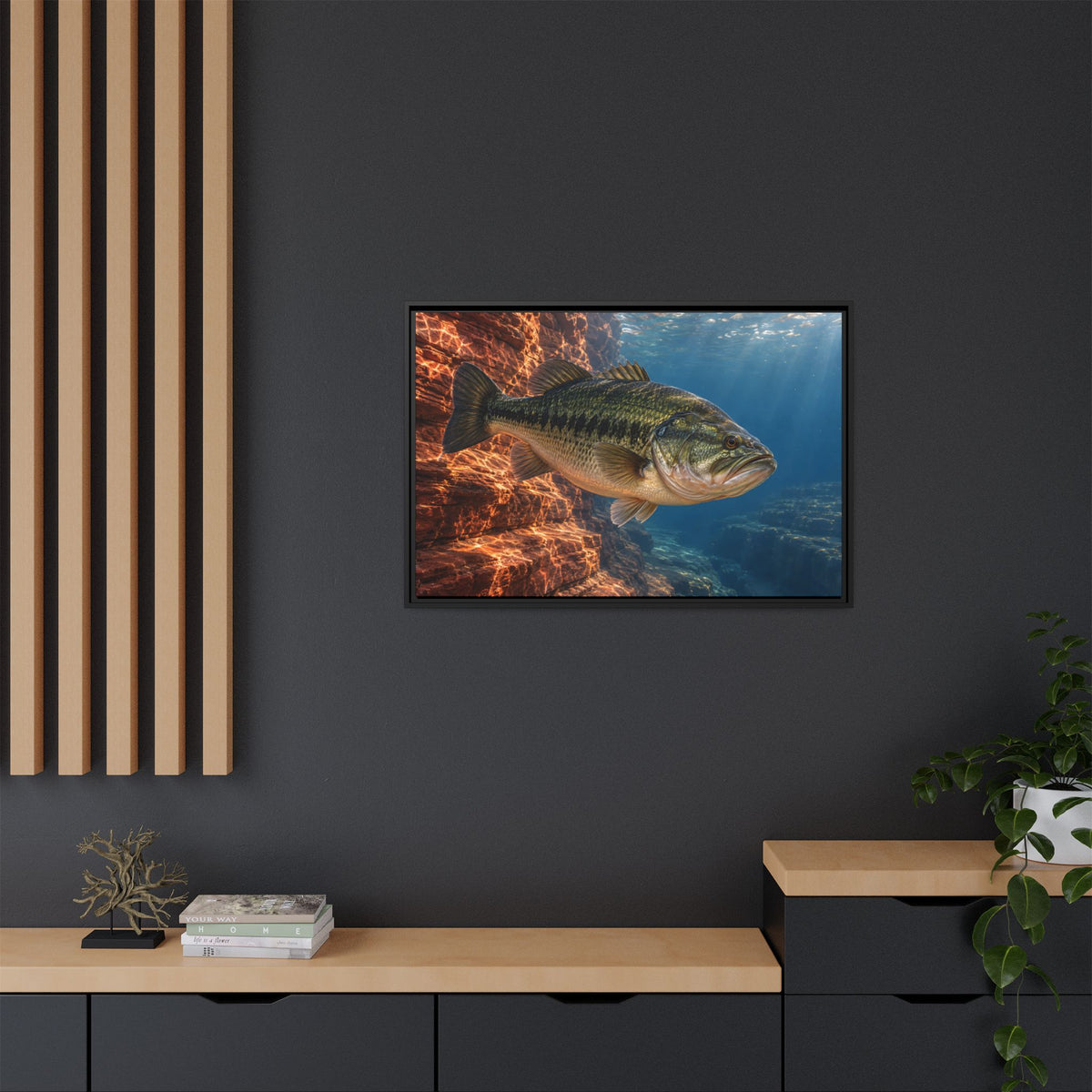 Rust-Red Canyon Glow Largemouth Bass framed canvas in a home office