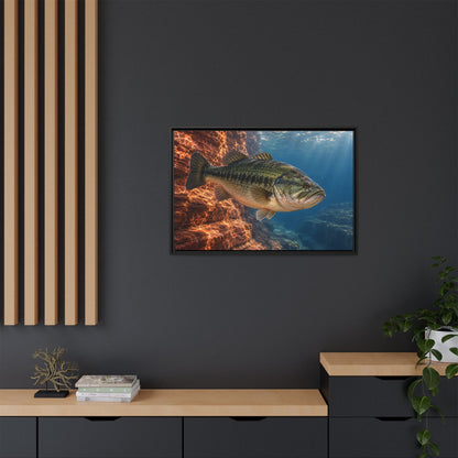 Rust-Red Canyon Glow Largemouth Bass framed canvas in a home office