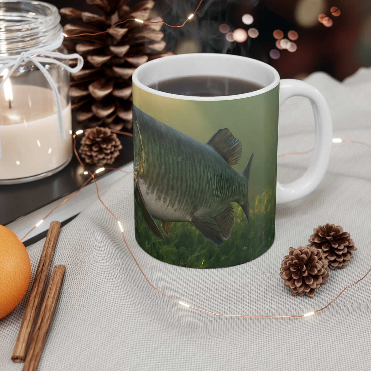 Golden Weed Line Muskie fishing coffee mug on a table
