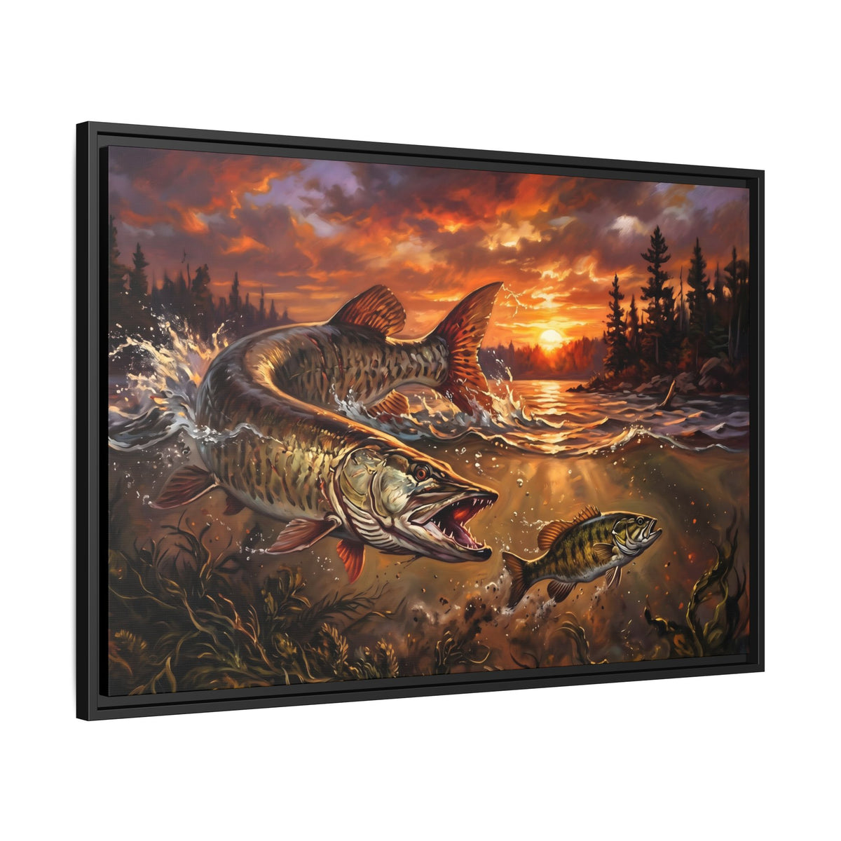 Sunset Muskie framed canvas side angle