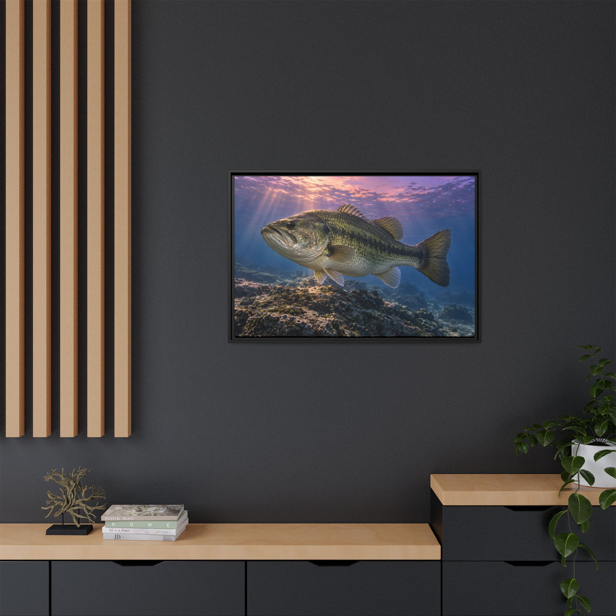 Lavender Twilight Ridge Largemouth Bass framed canvas in a home office