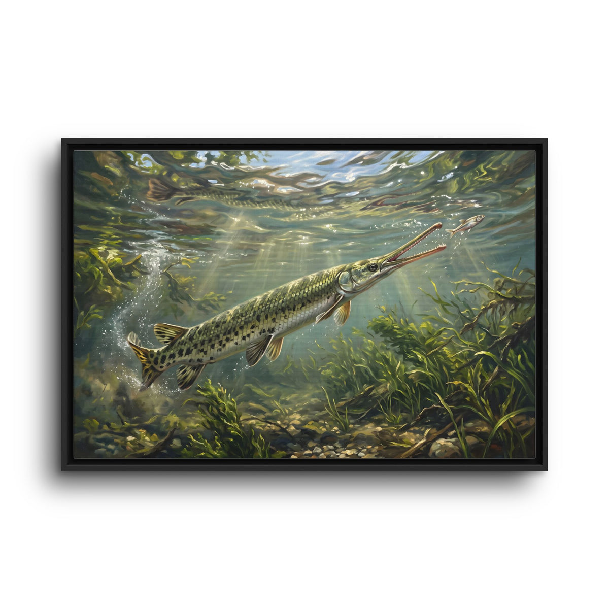 Longnose Gar Strike framed canvas wall art, view 3