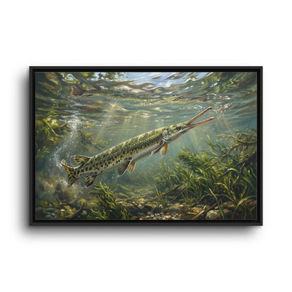 Longnose Gar Strike framed canvas wall art, view 3
