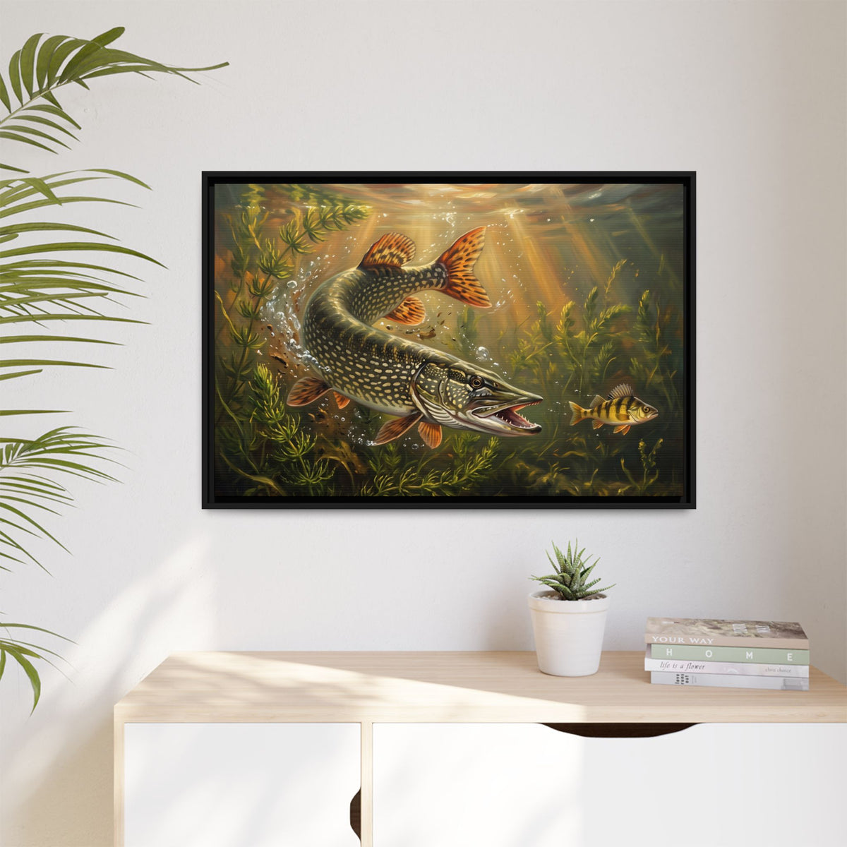 Perch Ambush Northern Pike framed canvas hanging in a living room