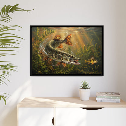 Perch Ambush Northern Pike framed canvas hanging in a living room
