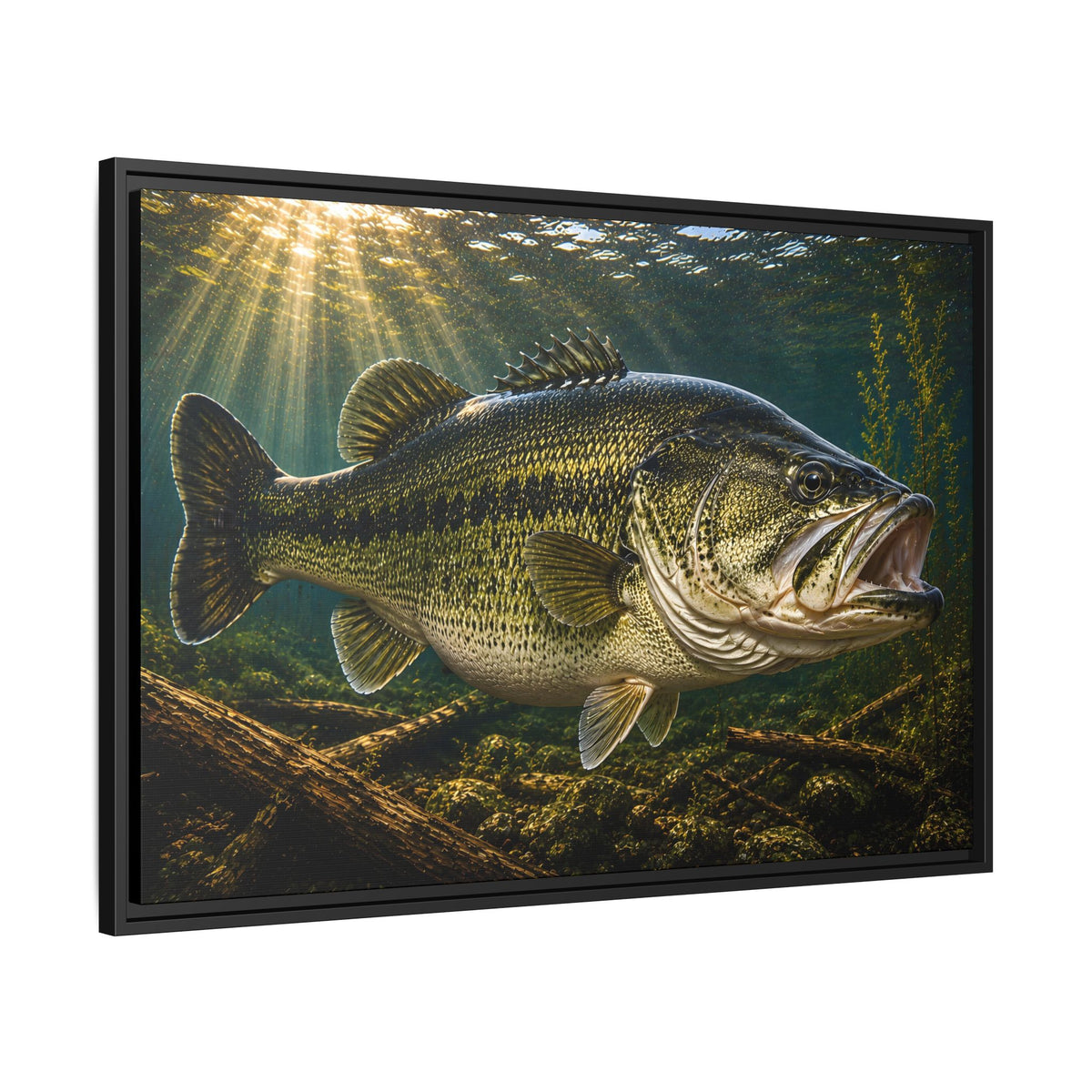 Sunken Timber Glide Largemouth Bass framed canvas side angle