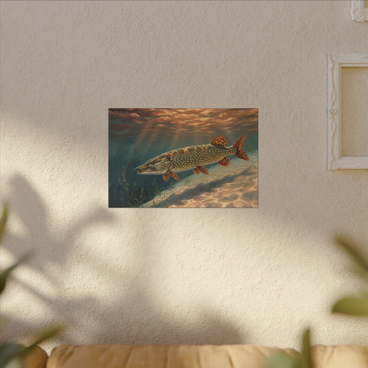 Sandbar Sunset Northern Pike canvas hanging in a living room