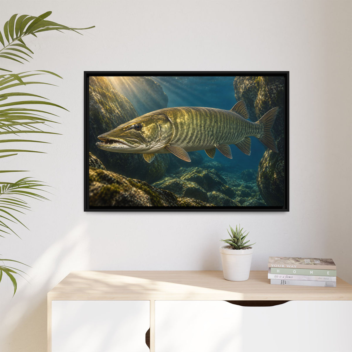 Boulder Cave Ambush Muskie framed canvas hanging in a living room