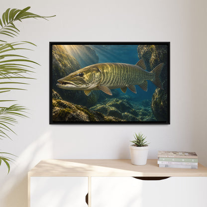 Boulder Cave Ambush Muskie framed canvas hanging in a living room