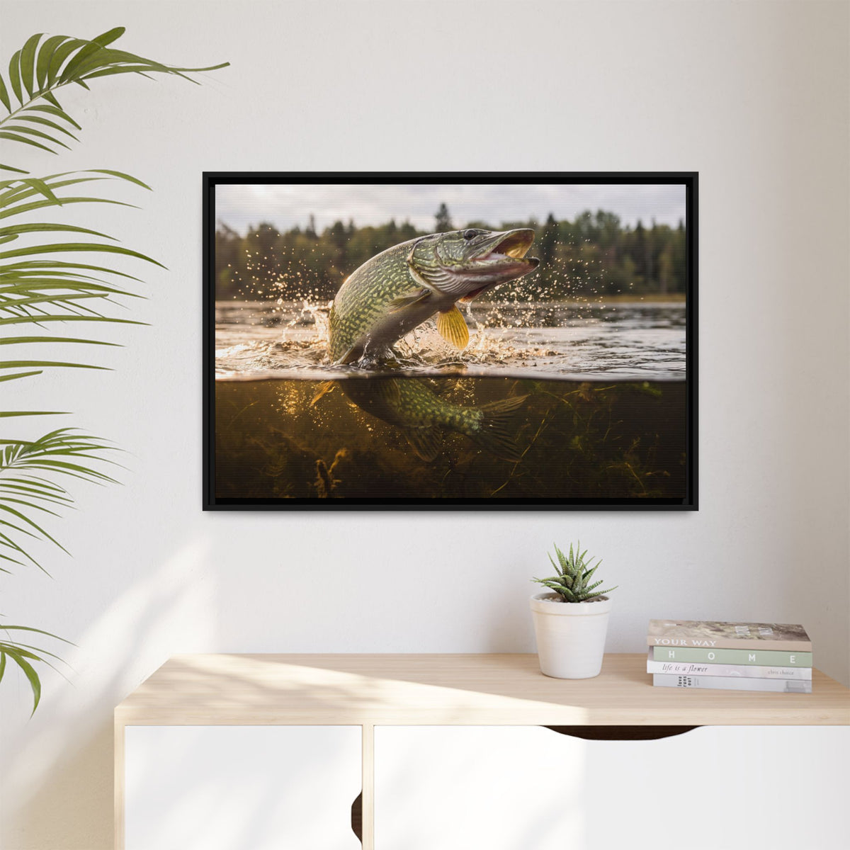 Boatside Battle Northern Pike framed canvas hanging in a living room
