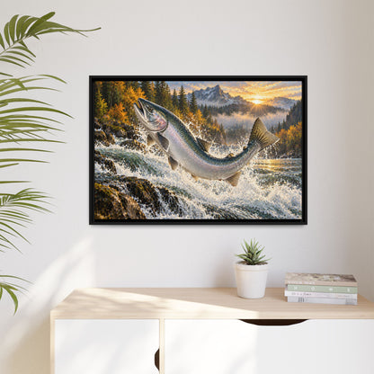 Sunrise Leap Coho Salmon framed canvas hanging in a living room