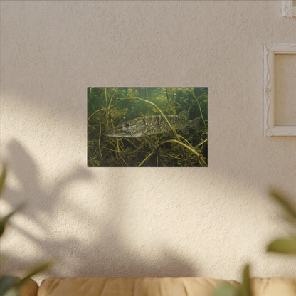 Weed Ambush Northern Pike canvas hanging in a living room