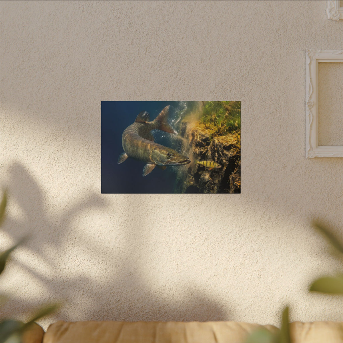 Muskie Drop-Off Chase canvas hanging in a living room