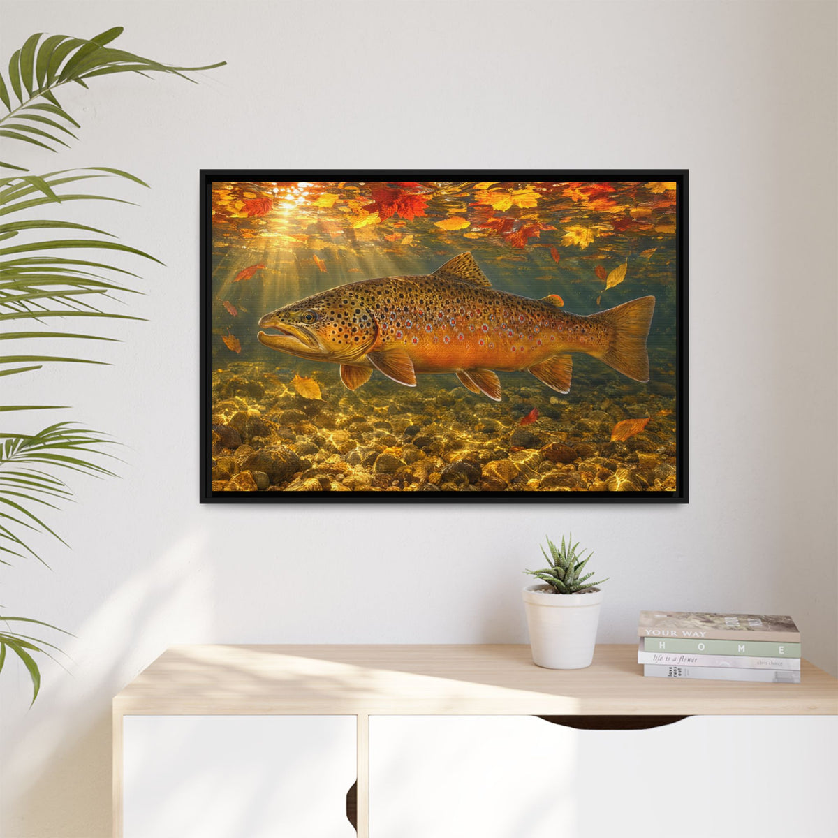 October Kype Brown Trout framed canvas hanging in a living room