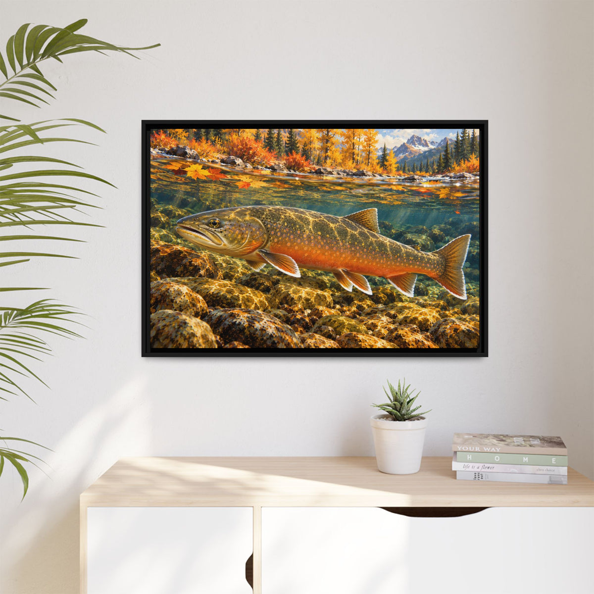 Autumn Char Bull Trout framed canvas hanging in a living room