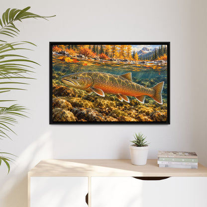 Autumn Char Bull Trout framed canvas hanging in a living room
