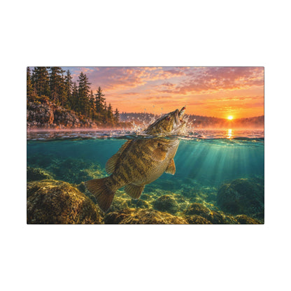 Smallmouth bass bursting through the surface on a popper at misty dawn, fishing wall art canvas
