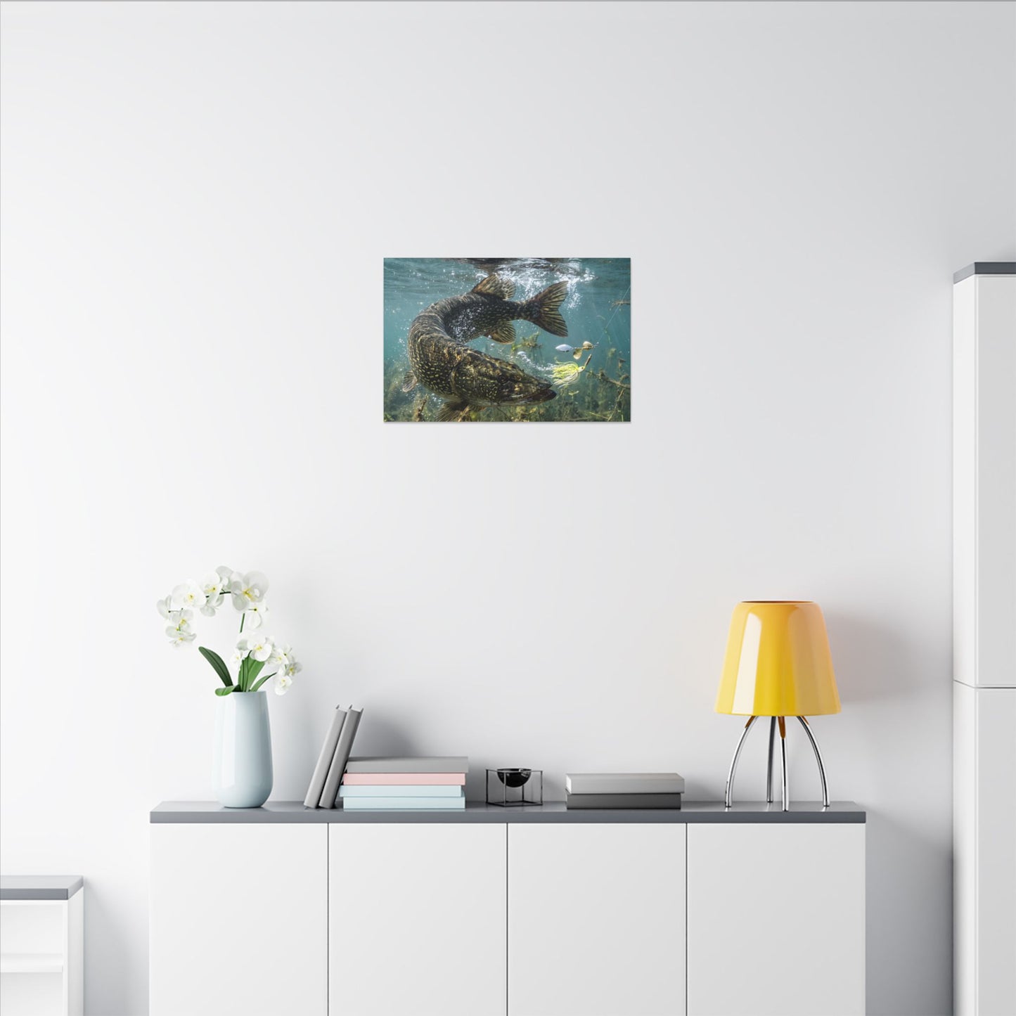 Northern Pike Turning Strike Canvas — Action Wall Art for Anglers