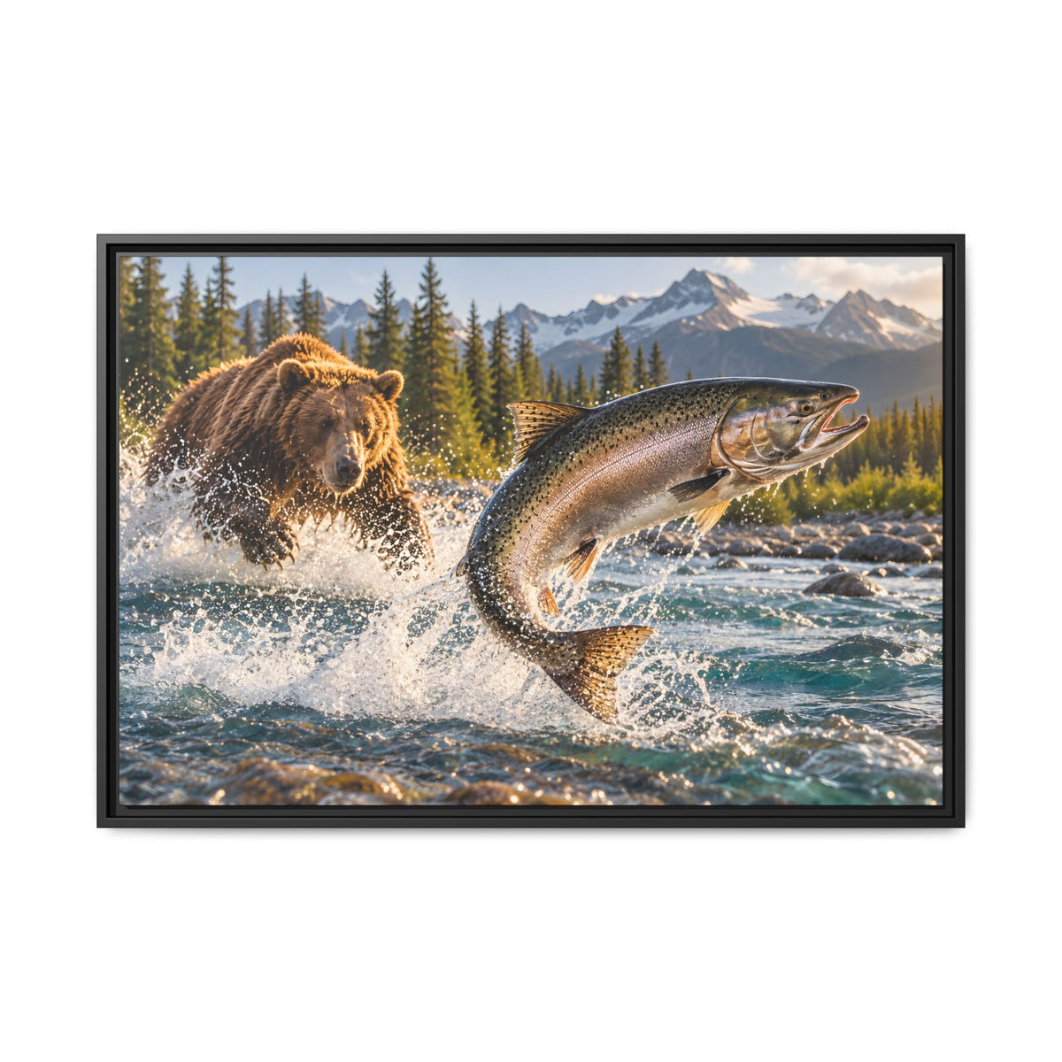 Grizzly Bear and Leaping Salmon framed canvas wall art