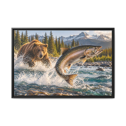 Grizzly Bear and Leaping Salmon framed canvas wall art