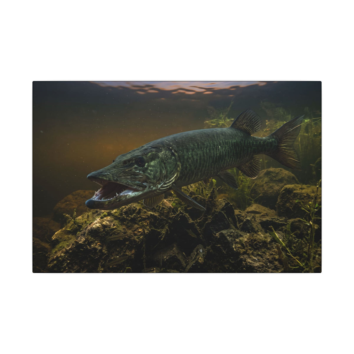 Mouth Open Dusk Sky Muskie canvas, 18x12 size view